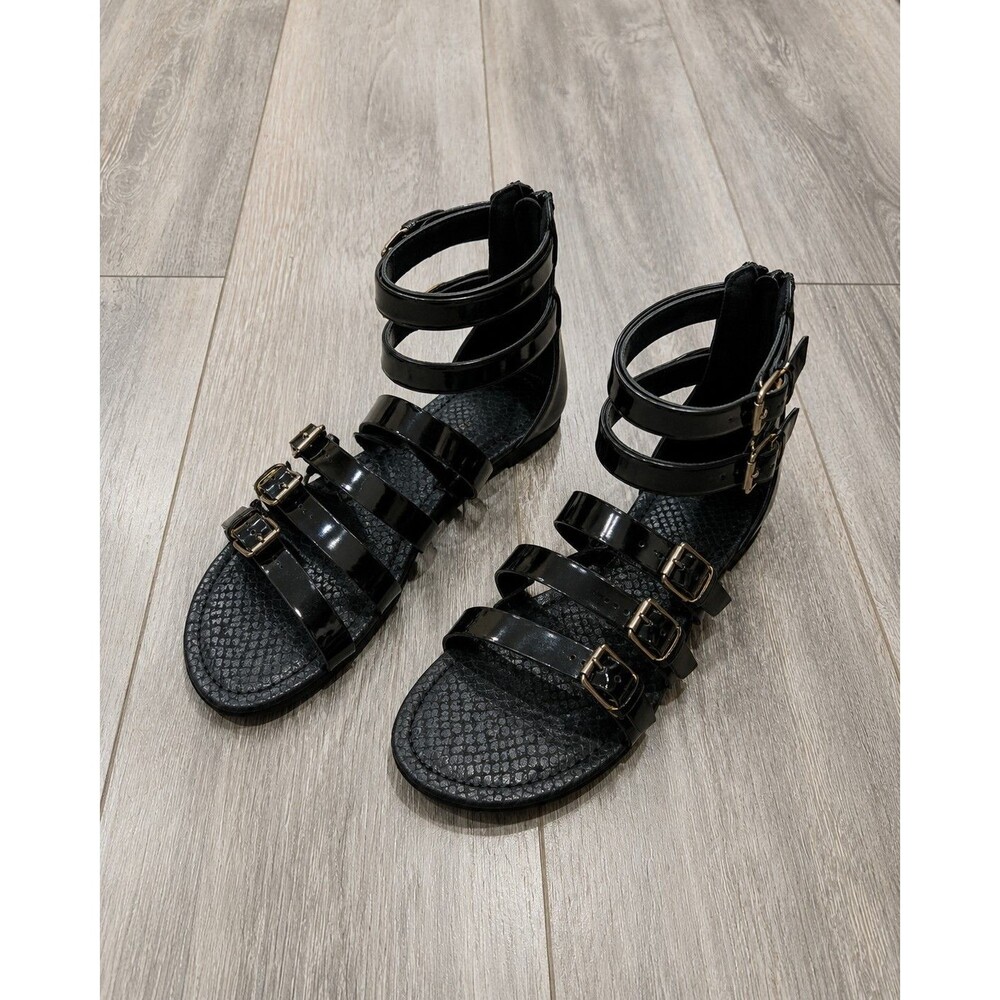 Wild Diva Lounge Womens 6.5 Black Gladiator Sandals Gold Buckle Ankle Cuff